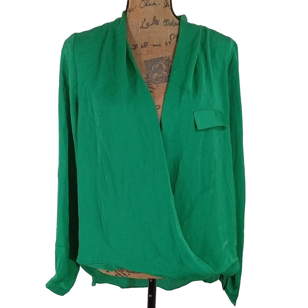 NWT Flawless Blouse Green Popover Crisscross Shirt MED Hi Low Roll Tab Flowy‎